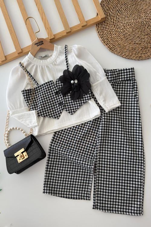 Miniğimin Cicileri 3D Çiçek Aplikeli Ekose Bluzlu Kız Çocuk 3’lü Kombin Takım - Siyah