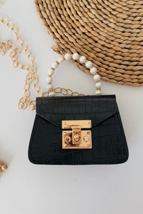 Miniğimin Cicileri Boncuklu Deri Görünümlü Kroko Desenli Çocuk Çapraz Çanta - Siyah