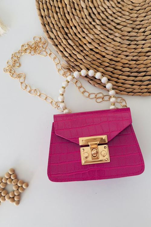Miniğimin Cicileri Boncuklu Deri Görünümlü Kroko Desenli Çocuk Çapraz Çanta - Fuşya
