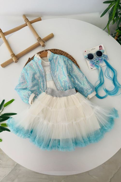 Miniğimin Cicileri Işıltılı Payet Ceketli Prenses Tütü Elbise 3 lü Takım - Turkuaz