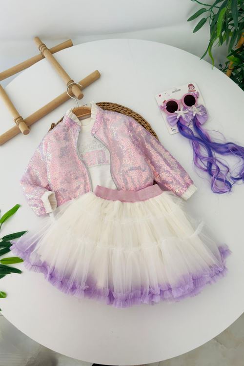 Miniğimin Cicileri Işıltılı Payet Ceketli Prenses Tütü Elbise 3 lü Takım - Lila