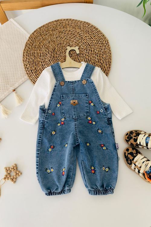 Miniğimin Cicileri Çiçek İşleme Detaylı Kız Bebek Tulum - Mavi