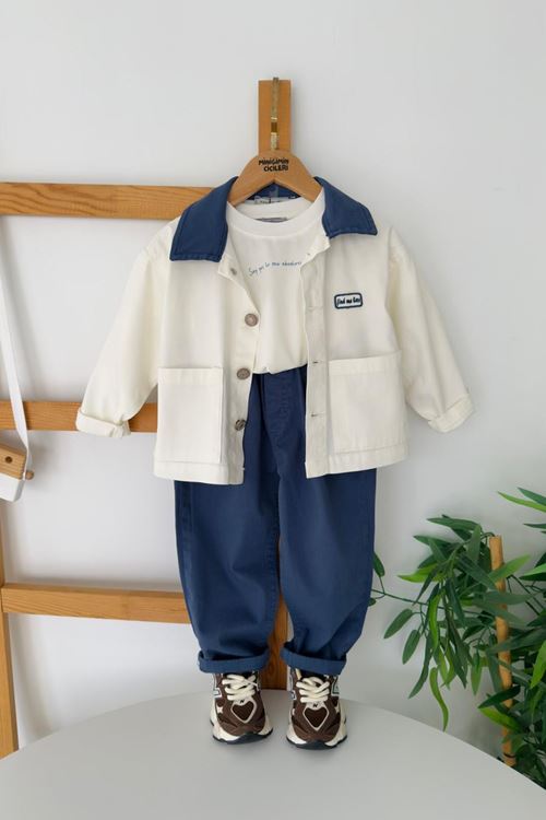 Miniğimin Cicileri Naturel Ceketli Basic Tişörtlü Erkek Çocuk 3’lü Kombin Takım - Mavi