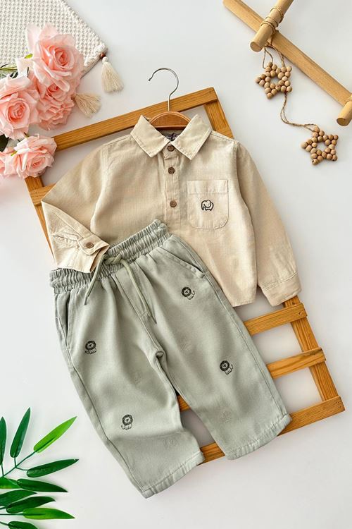 Miniğimin Cicileri Safari Fil Nakışlı Gömlek Pantolon Erkek Bebek Takım - Bej