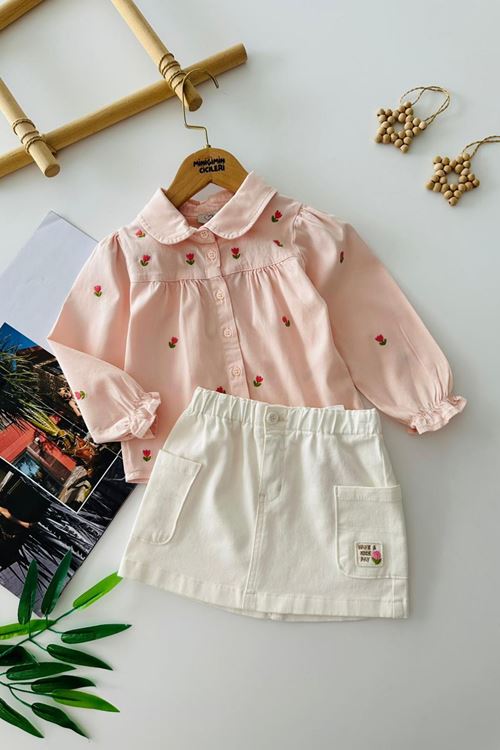 Miniğimin Cicileri Tencel Lale Nakışlı Gömlekli Kız Çocuk Etekli Takım - Pembe