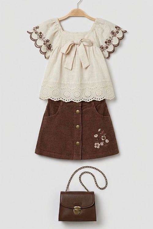 Miniğimin Cicileri Nakış Detaylı Fırfır Kollu Bluzlu Kadife Etekli Çantalı Kız Çocuk 3’lü Takım - Acı Kahve