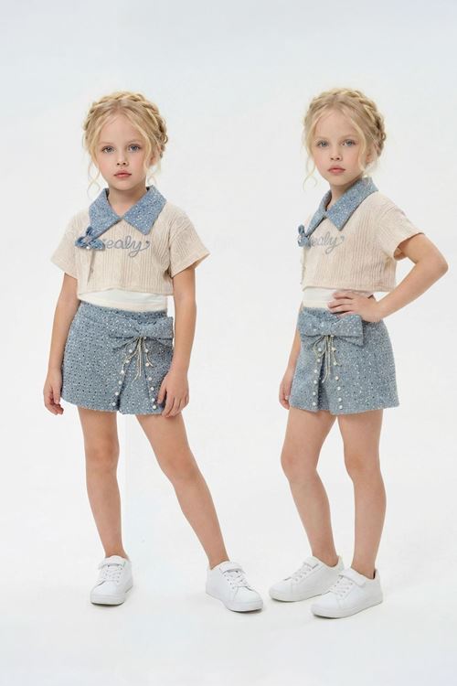 Miniğimin Cicileri Sealy Yaka Detaylı Taşlı Şort Etekli Kız Çocuk 2’li Takım - Açık Mavi