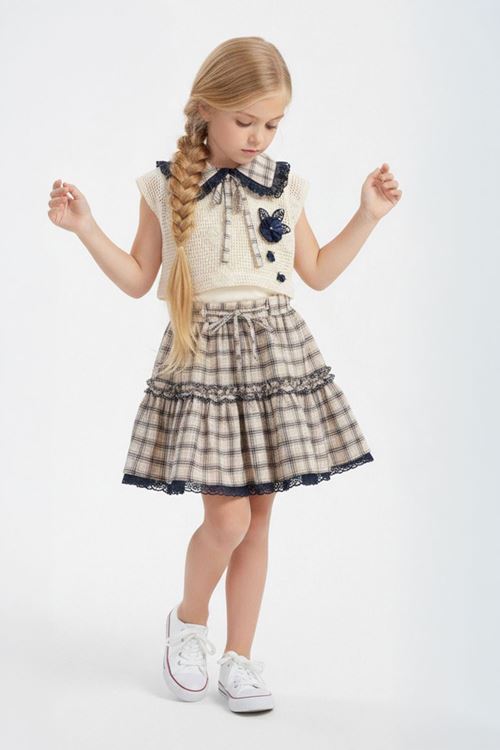 Miniğimin Cicileri Elegance Ekose Yaka Detaylı Örgü Yelekli Dantelli Katlı Etekli Kız Çocuk 3 lü Takım - Lacivert