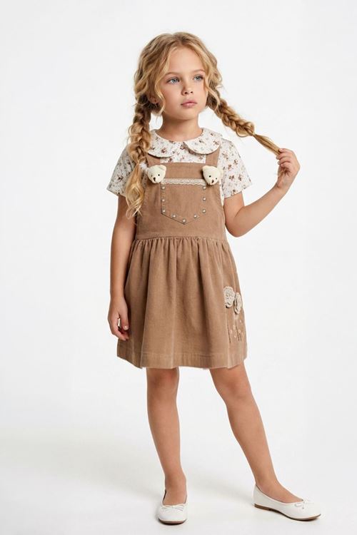 Miniğimin Cicileri Ayıcık Gül Aplikeli Salopet Elbiseli Kız Çocuk 2’li Takım - Kahverengi