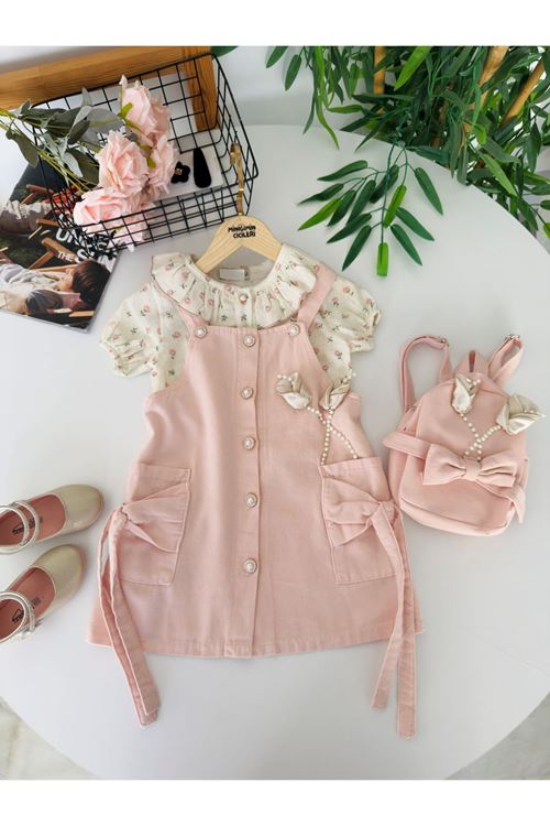 Miniğimin Cicileri Vintage Gül Detaylı Salopet Elbiseli Çantalı Kız Çocuk 3’lü Takım - Pudra