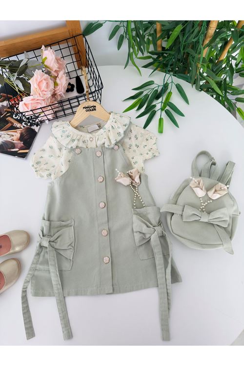 Miniğimin Cicileri Vintage Gül Detaylı Salopet Elbiseli Çantalı Kız Çocuk 3’lü Takım - Su Yeşili