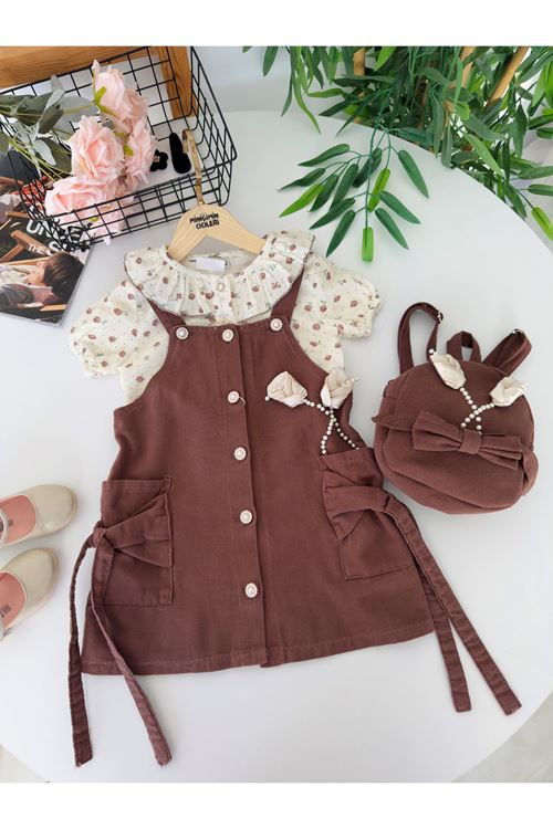 Miniğimin Cicileri Vintage Gül Detaylı Salopet Elbiseli Çantalı Kız Çocuk 3’lü Takım - Acı Kahve