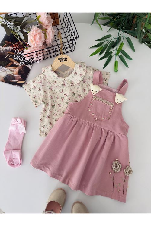 Miniğimin Cicileri Ayıcık Gül Aplikeli Salopet Elbiseli Kız Çocuk 2’li Takım - Gül Kurusu