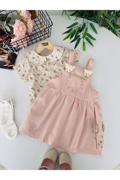 Miniğimin Cicileri Ayıcık Gül Aplikeli Salopet Elbiseli Kız Çocuk 2’li Takım - Pembe