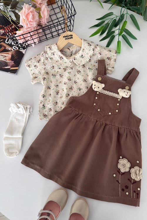Miniğimin Cicileri Ayıcık Gül Aplikeli Salopet Elbiseli Kız Çocuk 2’li Takım - Acı Kahve
