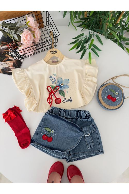 Miniğimin Cicileri Kiraz Nakışlı Kot Şortlu Çantalı Kız Çocuk 3’lü Yazlık Takım - Mavi