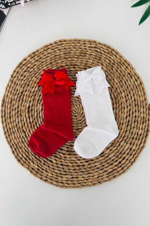 Miniğimin Cicileri Fiyonk Detaylı Dizaltı Kız Çocuk Çorap 2li paket - Kırmızı - Beyaz