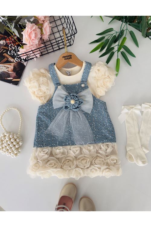 Miniğimin Cicileri Sealy Çiçek Aplikeli Fiyonk Detaylı Tül Etekli Kız Çocuk Elbise - Açık Mavi