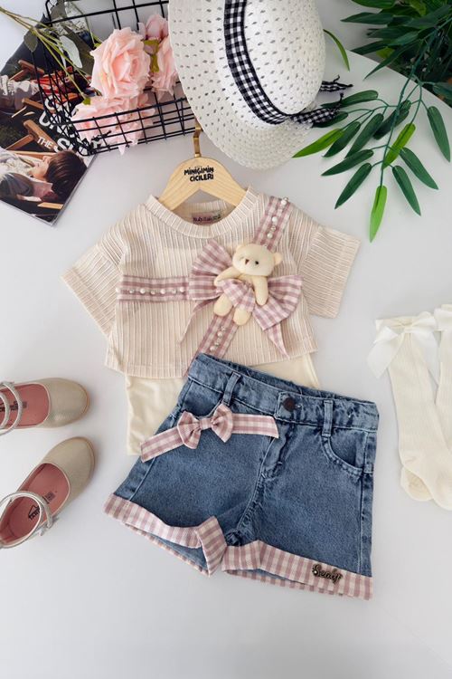 Minigimin Cicileri Ayıcık Detaylı Kot Şortlu Kız Çocuk 3 lü Takım - Pembe