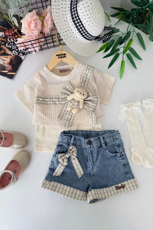 Minigimin Cicileri Ayıcık Detaylı Kot Şortlu Kız Çocuk 3 lü Takım - Yeşil