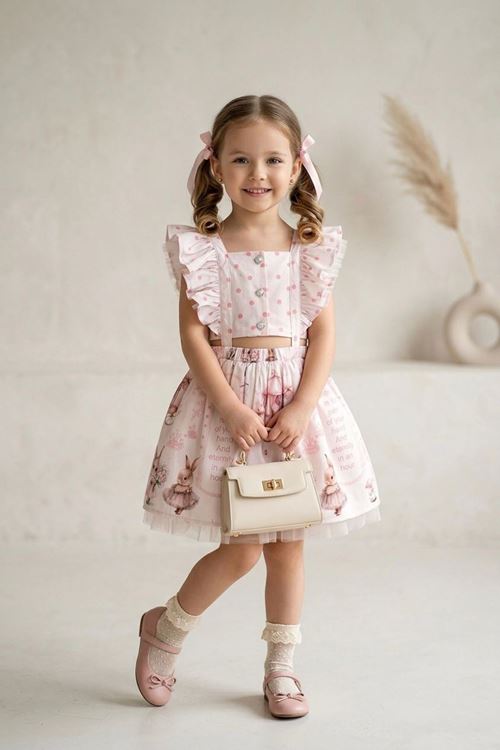 Miniğimin Cicileri Puantiye Desenli Sırt Askı Detaylı Tül Etekli Kız Çocuk Elbise - Pudra