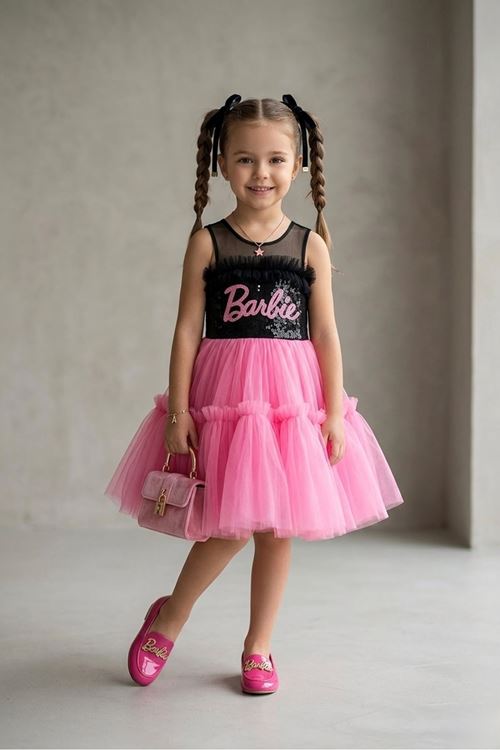 Miniğimin Cicileri Barbie Payet Detaylı Kız Çocuk Elbise - Açık Pembe