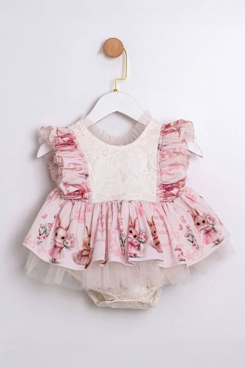 Miniğimin Cicileri Vintage Tavşan Baskılı Fırfır Detaylı Tül Kız Bebek Elbise - Pudra