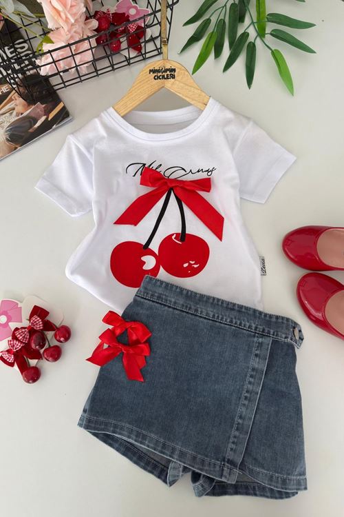 Miniğimin Cicileri Kiraz Baskılı Fiyonk Detaylı Kız Çocuk Kot Şort Etekli 2 li Takım - Beyaz
