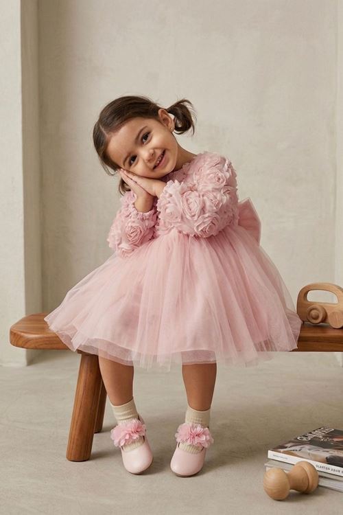 Miniğimin Cicileri Gül Desenli Kız Çocuk Uzun Kol Abiye Elbise - Pembe