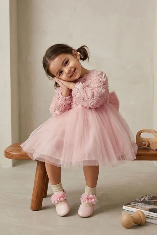 Miniğimin Cicileri Gül Desenli Kız Çocuk Uzun Kol Abiye Elbise - Pembe