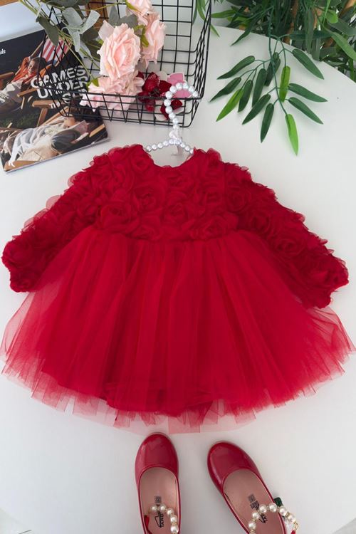 Miniğimin Cicileri Gül Desenli Kız Çocuk Uzun Kol Abiye Elbise - Kırmızı