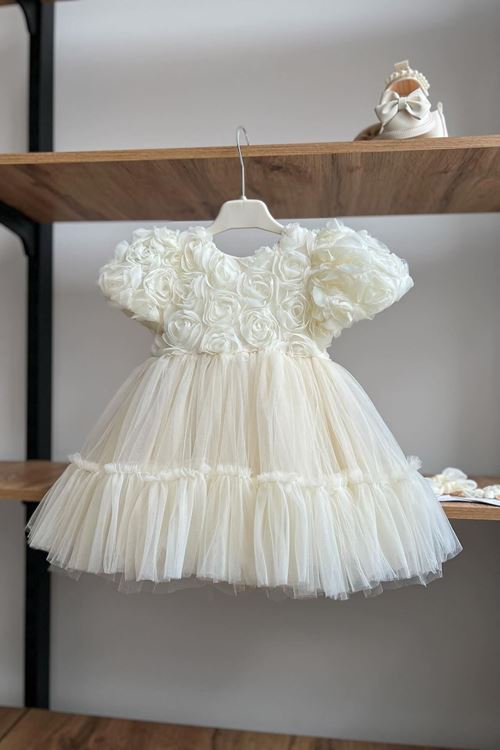 Miniğimin Cicileri Gül Desenli Kız Çocuk Kısa Kol Abiye Elbise - Ekru