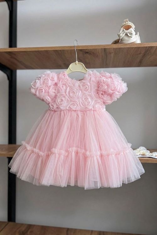Miniğimin Cicileri Gül Desenli Kız Çocuk Kısa Kol Abiye Elbise - Pembe