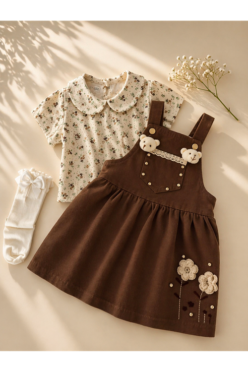 Miniğimin Cicileri Ayıcık Gül Aplikeli Salopet Elbiseli Kız Çocuk 2’li Takım - Acı Kahve