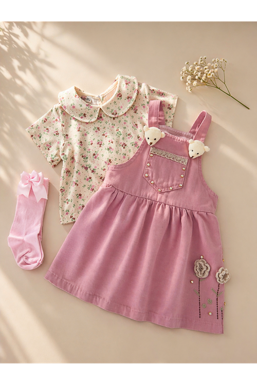 Miniğimin Cicileri Ayıcık Gül Aplikeli Salopet Elbiseli Kız Çocuk 2’li Takım - Gül Kurusu