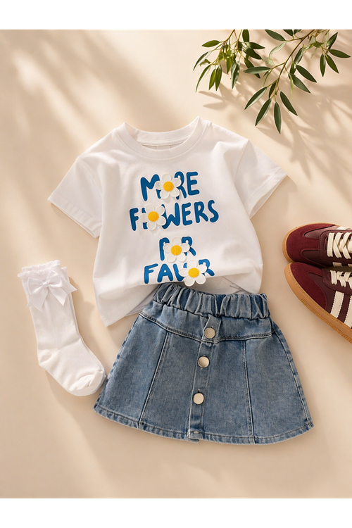 Miniğimin Cicileri Papatya Aplike Detaylı Kız Çocuk Kot Etekli Kız Çocuk 2 li Takım - Beyaz