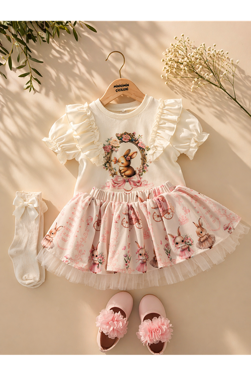 Miniğimin Cicileri Vintage Tavşan Detaylı Firfırlı Kız Bebek 2 li Takım - Ekru
