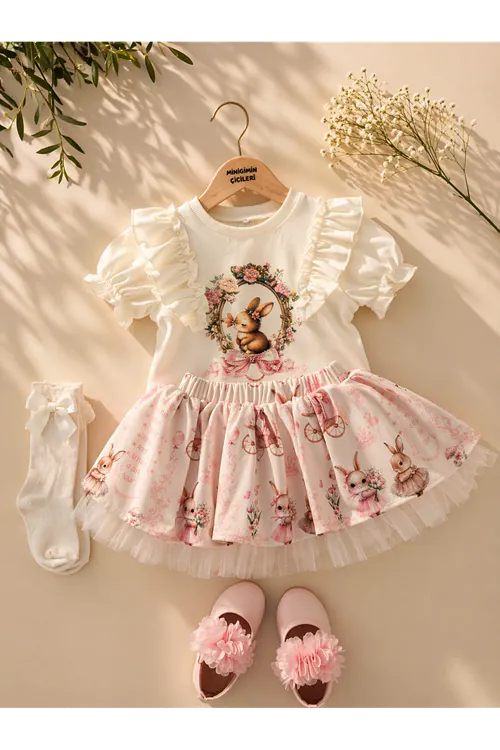 Miniğimin Cicileri Vintage Tavşan Detaylı Firfırlı Kız Bebek 2 li Takım - Ekru