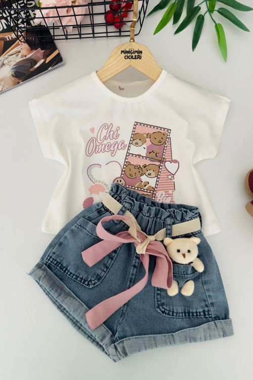 Miniğimin Cicileri Ayıcık Detaylı Taş İşleme Detaylı Kız Çocuk 2 li Takım - Beyaz
