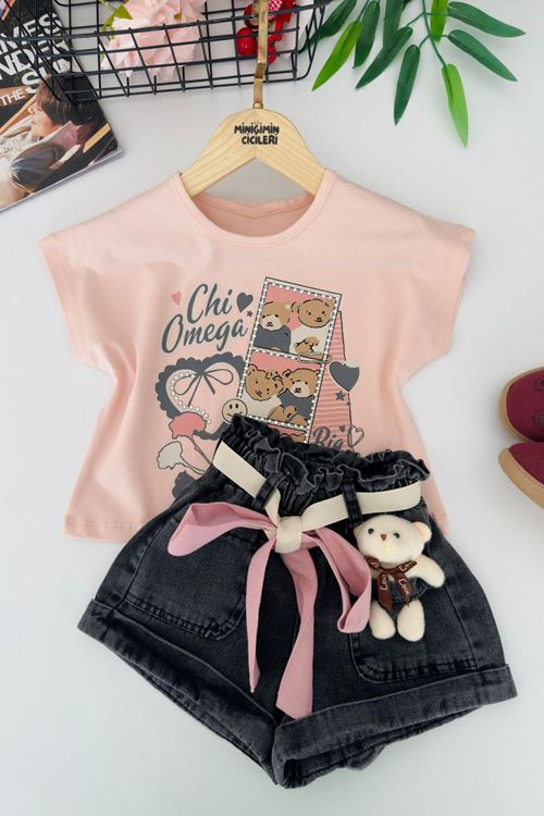 Miniğimin Cicileri Ayıcık Detaylı Taş İşleme Detaylı Kız Çocuk 2 li Takım - Pudra