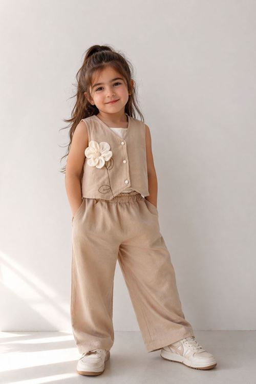 Miniğimin Cicileri Elegance Çiçek Detaylı Kız Çocuk Yelek Pantolon Takım - Bej