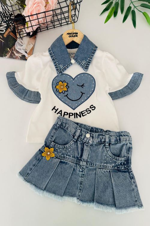 Miniğimin Cicileri Happines Çiçek Detaylı Etekli Kız Çocuk 2 li Takım - Mavi