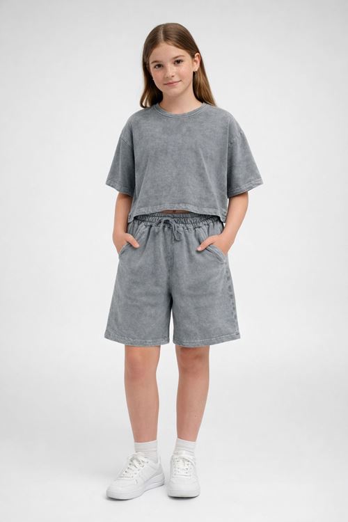 Miniğimin Cicileri 6-16 Yaş Kompak Yıkamalı Şortlu Düz Kız Çocuk Takım - Gri