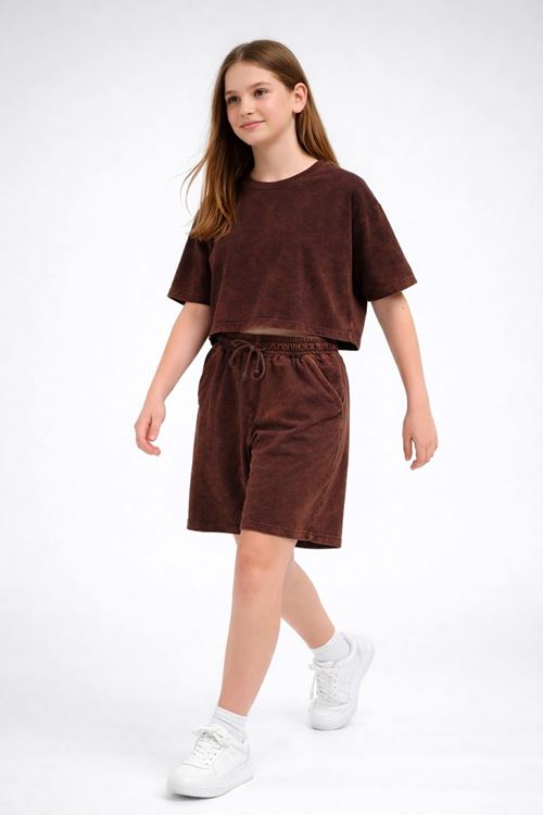 Miniğimin Cicileri 6-16 Yaş Kompak Yıkamalı Şortlu Düz Kız Çocuk Takım - Kahve