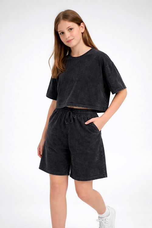 Miniğimin Cicileri 6-16 Yaş Kompak Yıkamalı Şortlu Düz Kız Çocuk Takım - Siyah