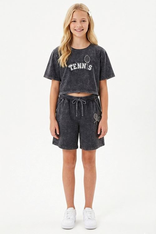 Miniğimin Cicileri 6-16 Yaş Kompak Tennis Nakışlı Yıkamalı Şortlu Kız Çocuk Takım - Siyah
