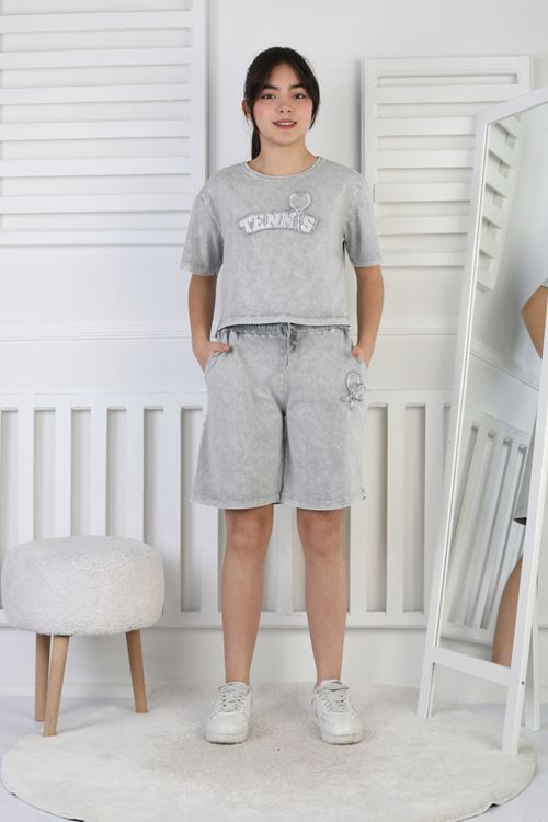 Miniğimin Cicileri 6-16 Yaş Kompak Tennis Nakışlı Yıkamalı Şortlu Kız Çocuk Takım - Gri