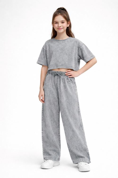 Miniğimin Cicileri 6-16 Yaş Kompak Taşlı Yıkamalı Kız Çocuk 2 li Takım - Gri