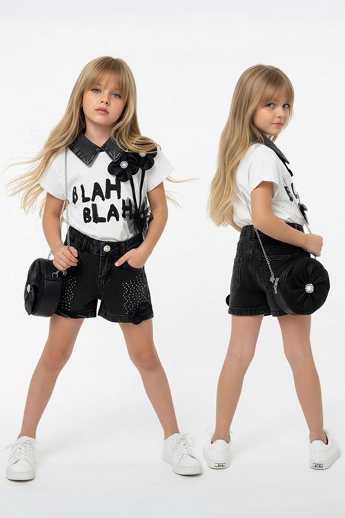 Miniğimin Cicileri Çiçek Aplikeleri Desenli Kız Çocuk 2 li takım - Siyah