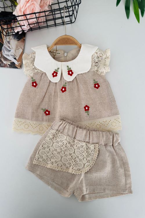 Miniğimin Cicileri Papatya Panç İşleme Desenli Dantel Detaylı Kız Bebek Pamuklu Takım - Bej